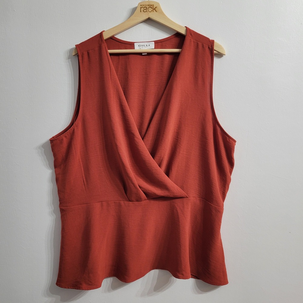 Gilli Peplum Top Women 2X Terracotta Surplice Faux Wrap Sleeveless V-Neck